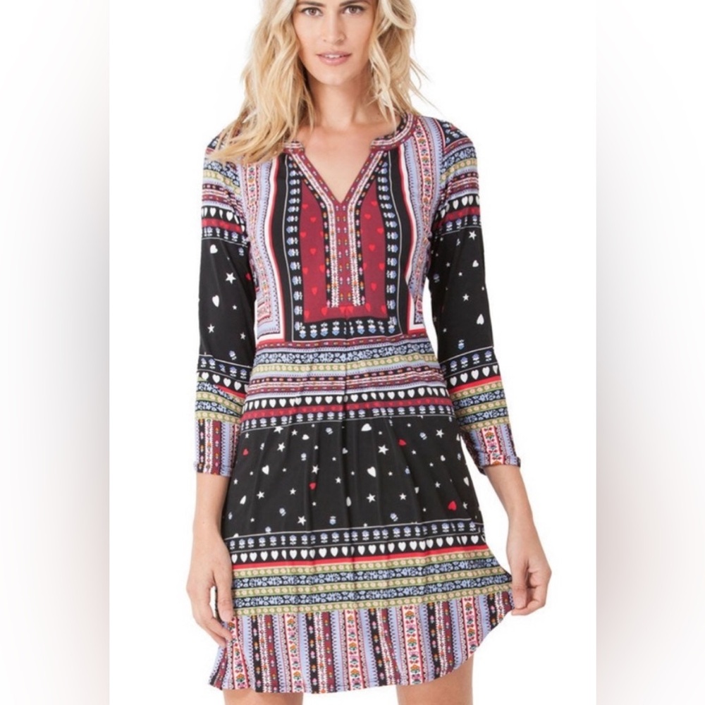 Hale Bob patterned v-neck elbow sleeve mini dress M